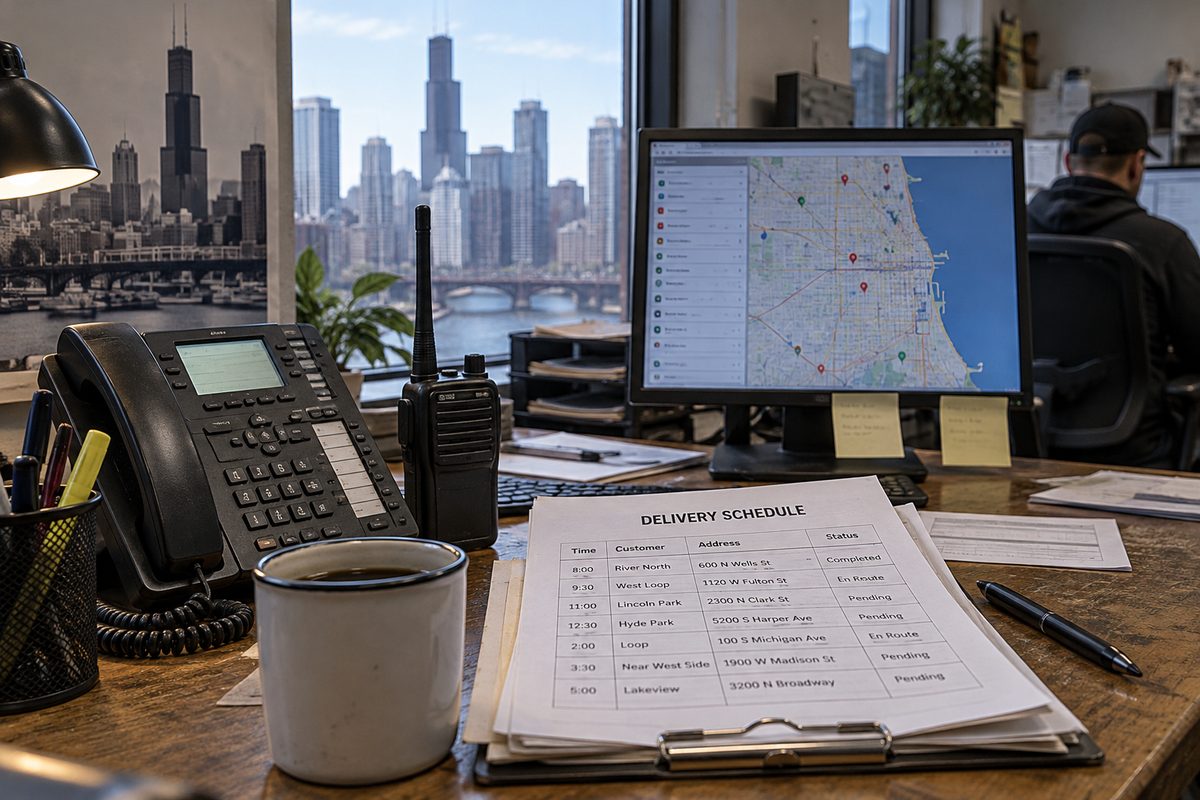 Dispatch desk workstation with telephone terminal and live route logs at Trenvios.