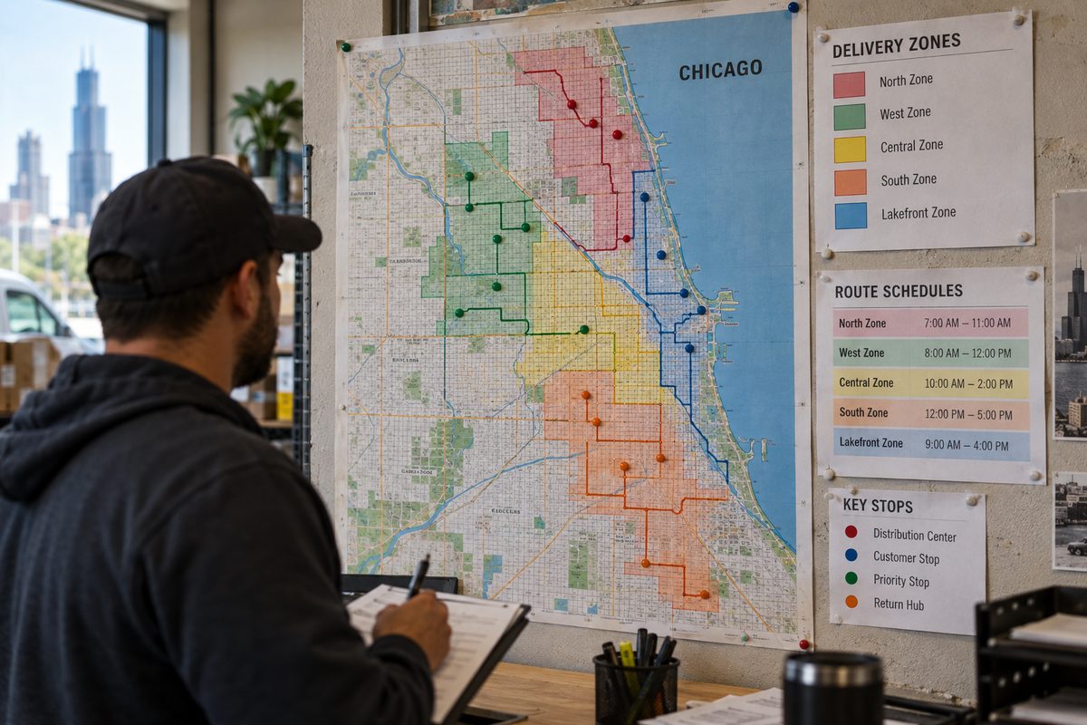 Chicago route zone documentation and transit sector plans on dispatch desk wall.