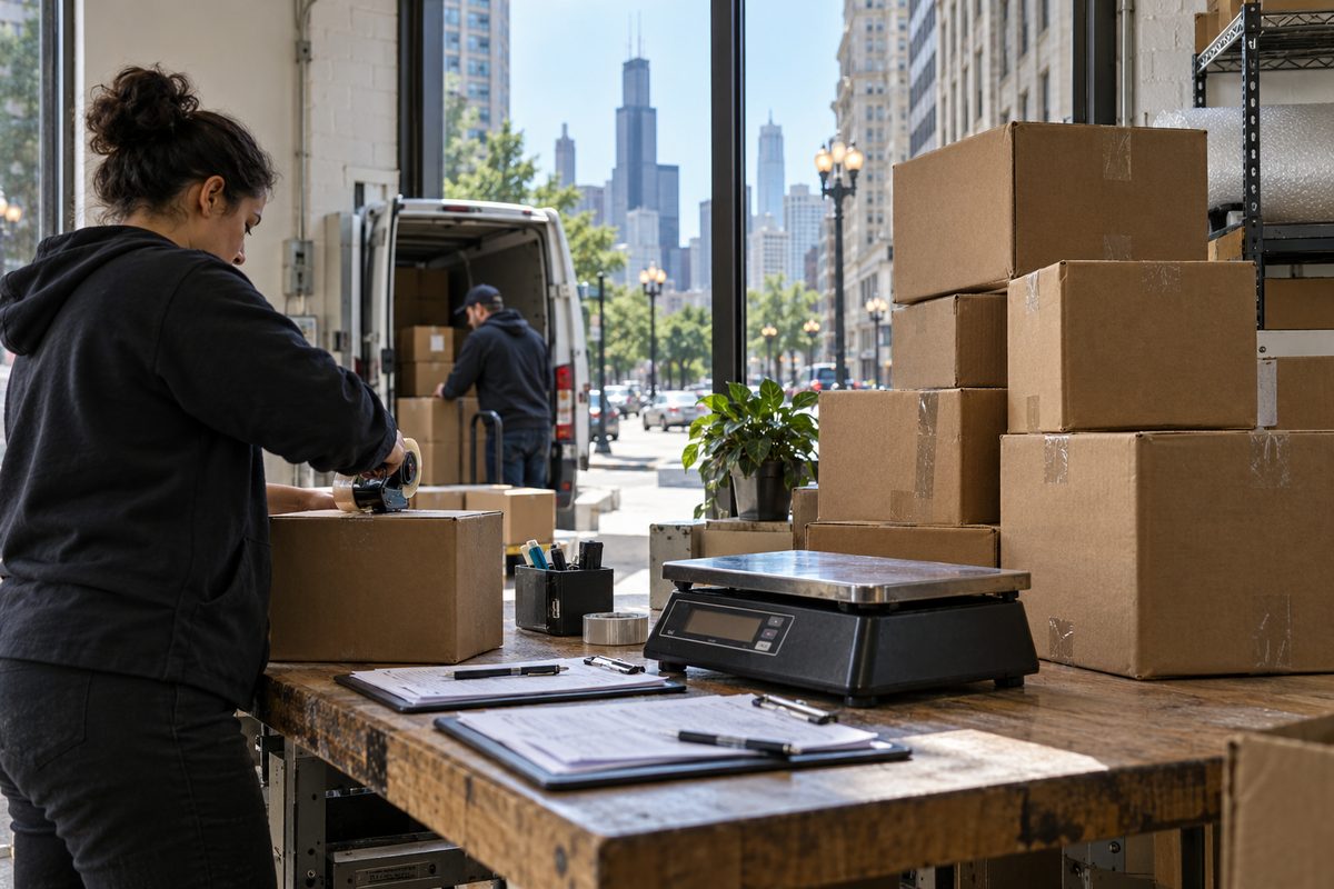 Courier staging counter with shipping boxes, digital parcel scale, and dispatch manifests at 720 South Michigan Avenue in Chicago.