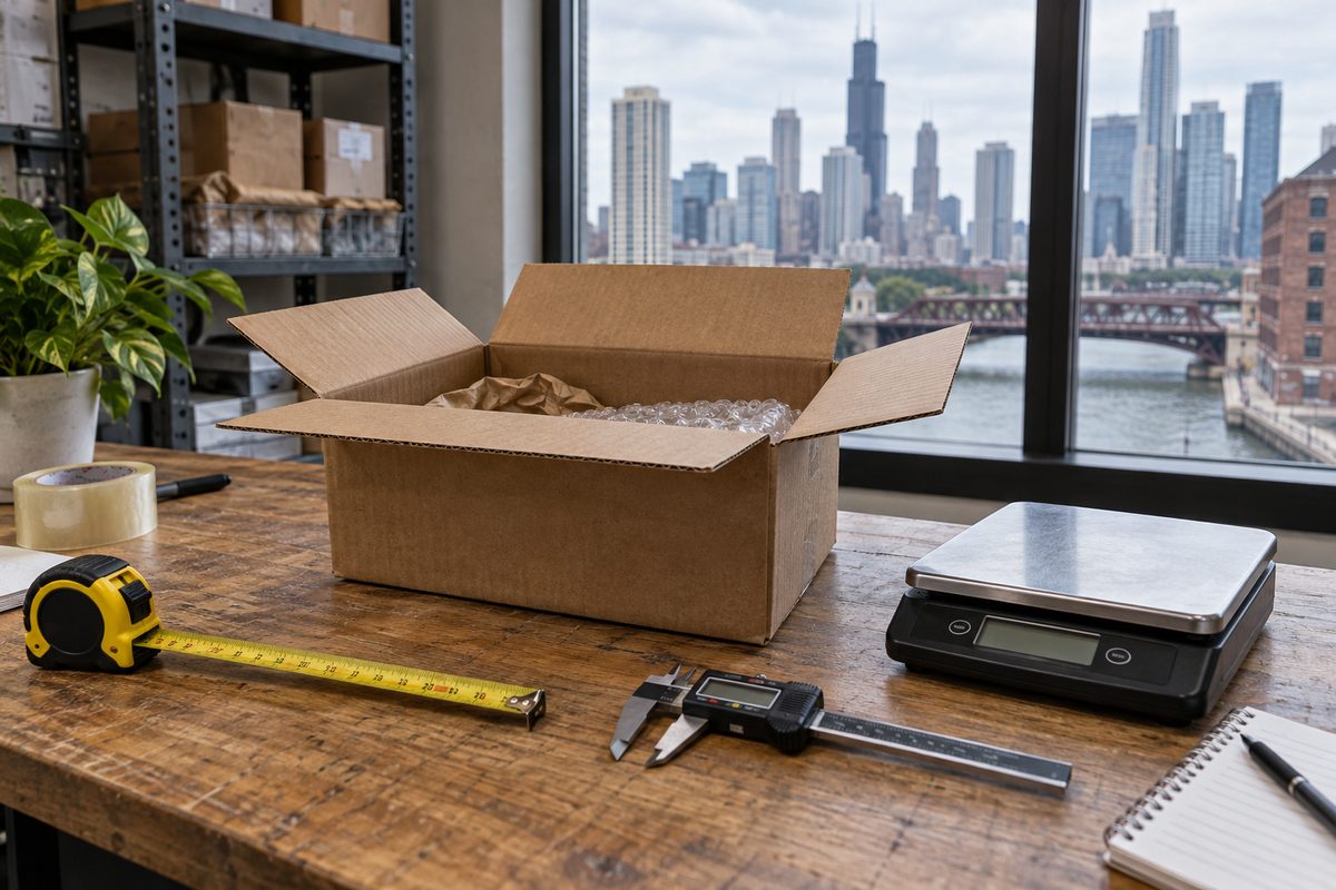 Inspection station with measuring tools and scales used to inspect hand-carry parcel contents.
